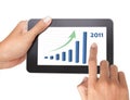 Man hand holding a touch tablet of growing chart