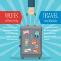 Man hand holding travel bag luggage with landmarks stickers. Traveling vector concept Royalty Free Stock Photo