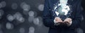 Man hand holding virtual sphere globe Royalty Free Stock Photo