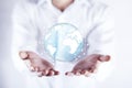 Man hand holding virtual sphere globe Royalty Free Stock Photo