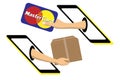 Man hand holds american credit card and pay for the package order shopping online. Payment by cash for express delivery