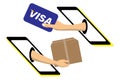 Man hand holds american credit card and pay for the package order shopping online. Payment by cash for express delivery