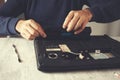Man hand laptop disassembling Royalty Free Stock Photo