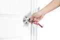 Man hand open door knob or opening white door Royalty Free Stock Photo