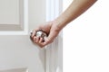 Man hand open door knob or opening white door Royalty Free Stock Photo