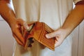 Man hand open empty wallet. Selective focus empty wallet for business concept Royalty Free Stock Photo