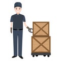 Man with hand pallet jack lift and crate icon, Hand Pallet Truck