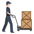 Man with hand pallet jack lift and crate sign