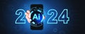 Man hand with phone, AI hologram with 2024 year of new technologies Royalty Free Stock Photo