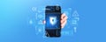 Man hand with phone and cybersecurity interface