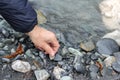 Man hand picking up stones from the river beach Royalty Free Stock Photo