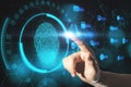 Man hand pointing at creative fingerprint interface on blurry bokeh background. Biometrics and security concept.