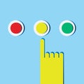 Man hand press red, green, yellow decision button. Decision making.