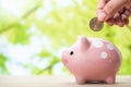 man hand put dollar coins into pink piggy bank