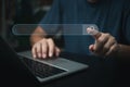 Man hand searching browsing for information internet data Technology on computer keyboard notebook.SEO Search Engine Optimization Royalty Free Stock Photo