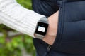 Man hand and smart watch with mail in the screen Royalty Free Stock Photo