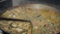 A man hand stirs the paella broth in Spain