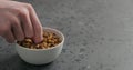 Man hand take dried seaberry from white bowl on terrazzo countertop