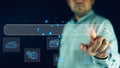 Man hand tapping on virtual search bar while using laptop, show search for information with internet technology connection Royalty Free Stock Photo