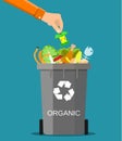 Man hand throws garbage into a organic container