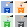 Man hand throws garbage into a plastic container. Hand of man throwing garbage into organic container. Concept of garbage