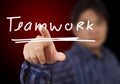 Man hand touching button teamwork keyword. Royalty Free Stock Photo