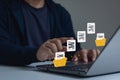 Man hand transferring files in virtual screen for Send of document on internet. Data transfer, Transfer file