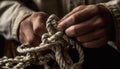 Man hand tying rough rope knot for nautical vessel outdoors generative AI