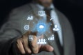 Man hand using AI chip cloud computing technology concept on virtual screen. Semiconductor or CPU processor. Artificial Royalty Free Stock Photo
