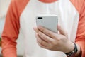 Man hand using black smart phone, people on phone, technology an Royalty Free Stock Photo