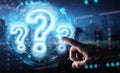 Man hand using digital question marks holographic interface 3D rendering Royalty Free Stock Photo