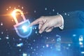 Man hand using digital security interface, city Royalty Free Stock Photo
