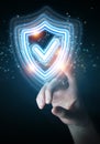 Man hand using digital shield protection blue holographic interface 3D rendering Royalty Free Stock Photo