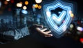 Man hand using digital shield protection blue holographic interface 3D rendering Royalty Free Stock Photo