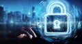Man hand using digital web protection blue holographic interface 3D rendering Royalty Free Stock Photo
