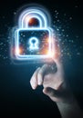 Man hand using digital web protection blue holographic interface 3D rendering Royalty Free Stock Photo