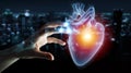 Man hand using digital x-ray of human heart holographic scan projection 3D rendering Royalty Free Stock Photo