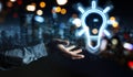Man hand using lightbulb neon digital interface 3D rendering