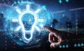 Man hand using lightbulb neon digital interface 3D rendering Royalty Free Stock Photo