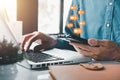 Man hand using smart phone on office desk with copy space Royalty Free Stock Photo