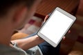 Man hand using white tablet with blank screen.