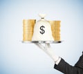 Man hand in white glove with tray with money Royalty Free Stock Photo