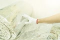 Man hand working insulation aluminum foil encapsulate