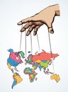 Man hand with a World map. Continents with contours of countries. Vector drawing