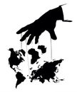 Man hand with a World map. Continents with contours of countries. Vector drawing Royalty Free Stock Photo
