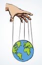 Man hand with a World map. Vector drawing concept