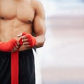 Man, hand and wrap for mma, protection and strength at fitness and workout studio with mockup. Person with strap, fist Royalty Free Stock Photo