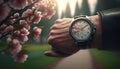 Man hand with wristwatch around cherry blossom. Springtime concept. focus on foreground. Generative AI illustration