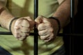 A man in handcuffs in a cell behind bars. Concept: a prisoner in a courtroom, a court sentence to a convicted person, a prison ter Royalty Free Stock Photo