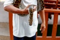 Man handling a snake for a show